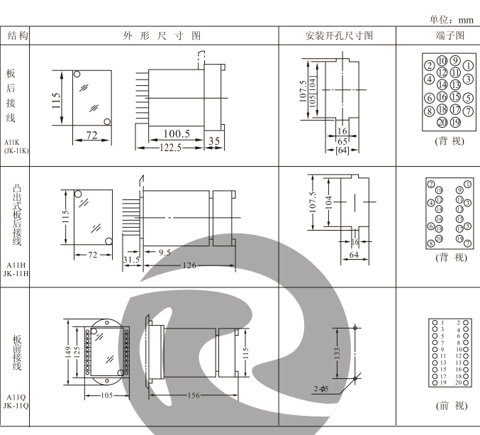 JZJ-216,JZY-216中間繼電器外形及安裝開孔尺寸圖